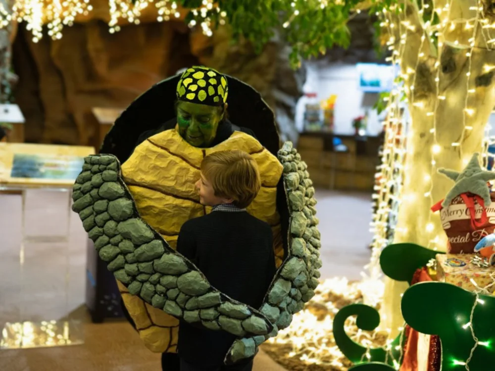Doña Tortuga abrazando a un niño en el acuario